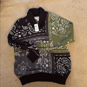Sun + Stone Black and Green Patterned Sweater